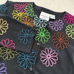 VTG Michael Simon Lite Black Embroidered Daisy Button Cotton Cardigan Size L